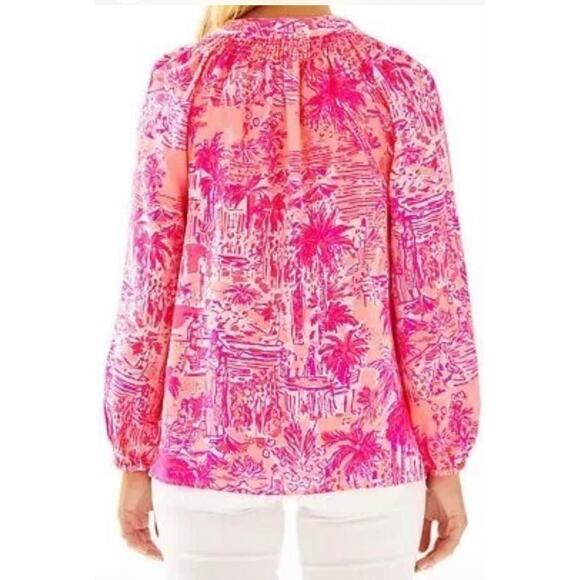 Lilly Pulitzer Elsa Silk Top Rule Breakers Print V Neck Long Sleeve XXS Resort - Picture 2 of 10